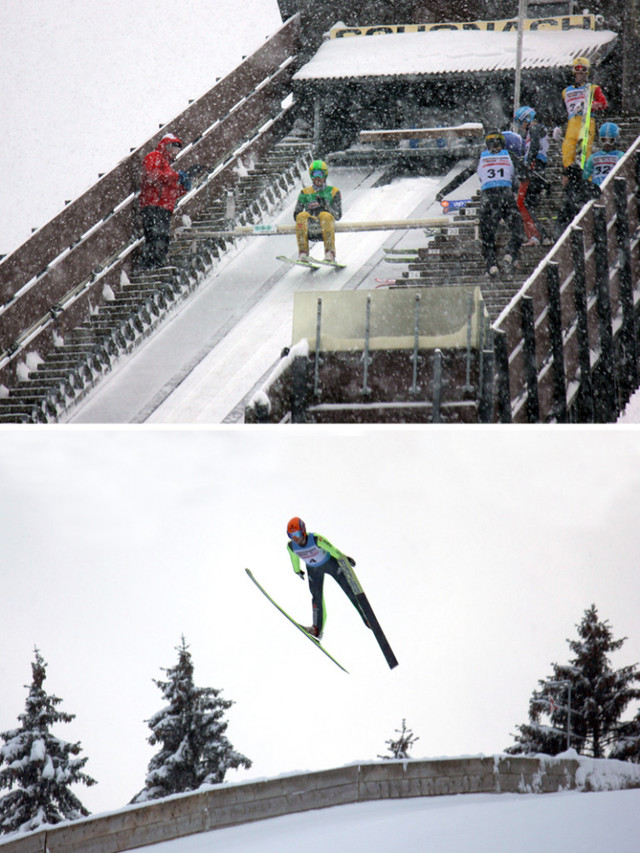 Denis Klarin auf dem Balken bei dichtem Schneetreiben (Bild oben) - Florian Hüttl bei seinem Sprung auf 86 Meter (Bild unten)
