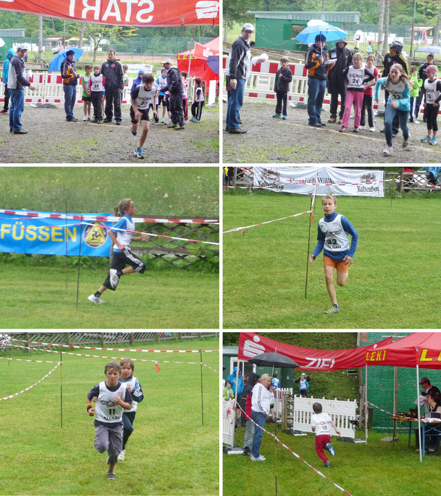 Schnell im Crosslauf: Simon Hüttl (Nr. 28) am Start (Bild oben links), Julia Steck (23) und Lena Burger (24) (oben rechts), Pirmin Maurus (Mitte links), Simon Mach (Mitte rechts), Ludwig Burger (11) (unten links) und Beat Wiedemann im Ziel (unten rechts)