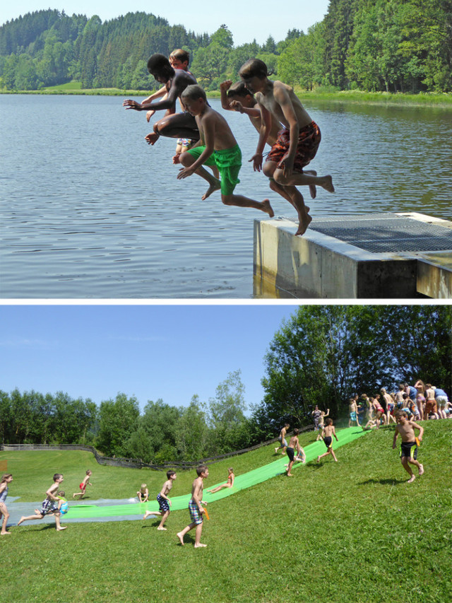 Gegen die Hitze hilft nur Abkühlung im See und auf der Wasserrutschbahn