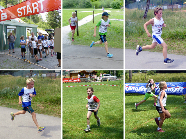 Schwitzten beim Crosslauf - obere Reihe: die Kombinierer am Start, Lukas Wersig und Leander Schedel, Beat Wiedemann – untere Reihe: Jakob Marcher, Julika Eichbauer, und Anna Piekenbrock im Ziel