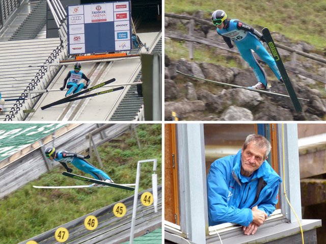 Denis Klarin ging in der Herrenklasse über den Schanzentisch – Unser Buchenberger Sprungrichter Hans Rist vergab Haltungsnoten (Bild rechts unten)