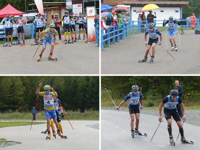 Start und Zieleinlauf von David Mach im 5-km-Sprint (Bilder links) – Denis Klarin (Bilder rechts/Startnummer 32) lieferte sich spannende Positionskämpfe 