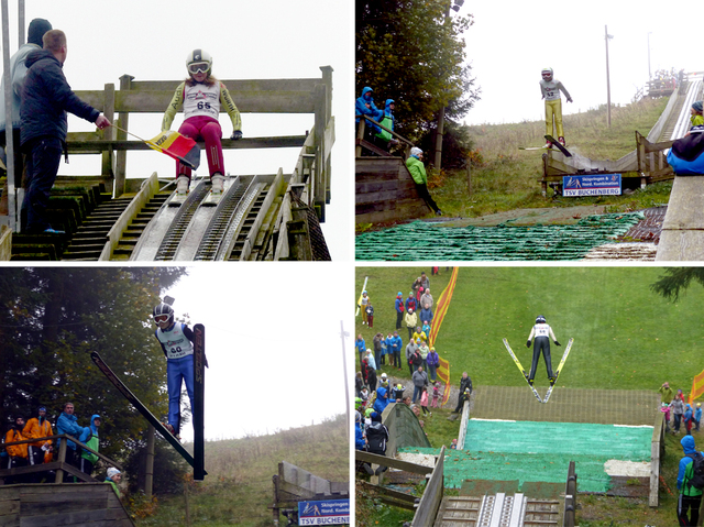 Sophia Maurus wartet auf die Sprungfreigabe (Bild oben links) – Lucas Mach mit impolsivem Absprung (oben rechts) – Jakob Schupp segelt durch die Luft (unten links) – Aaron Wiedemann steuert die 30-Meter-Marke an (unten rechts) 