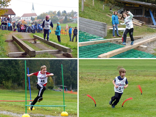 Crosslauf mit Hindernissen: Tobias Wersig balanciert auf dem Schwebebalken (Bild oben links) – Nadine Färber meistert die Balkenwippe (oben links) – Beat Wiedemann athletisch über die Hürden (unten links) – Lucas Eichbauer im Slalom vor dem Ziel (unten rechts)