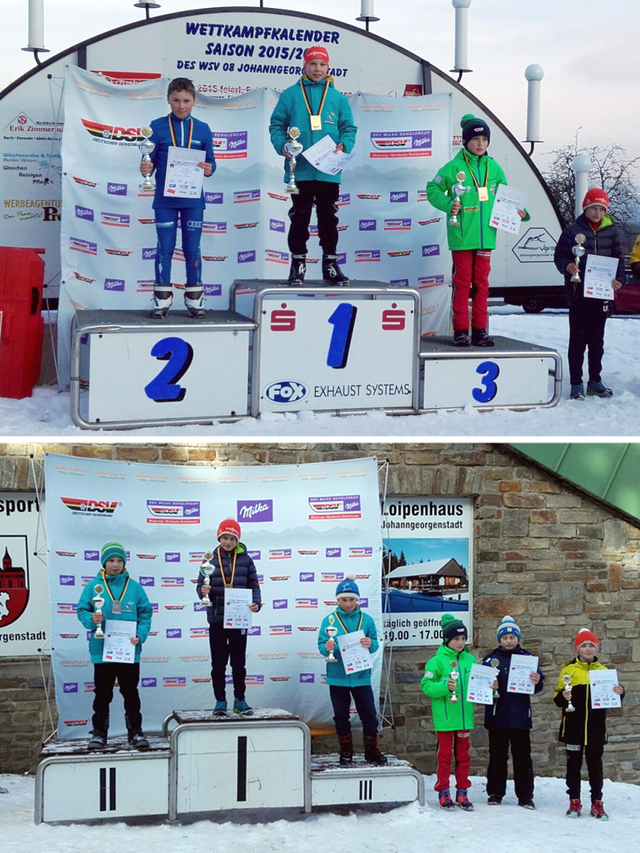 Siegerehrung - 1. Wettkampftag: Doppelsieg für Lucas (1.) und Beat (2.) in der Nordischen Kombination (Bild oben) - Im Skispringen landeten Lucas (2.) und Beat (3.) ebenfalls auf dem Podest