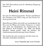 Der TSV Buchenberg und die Skisprungabteilung trauern um Heini Rimmel .....