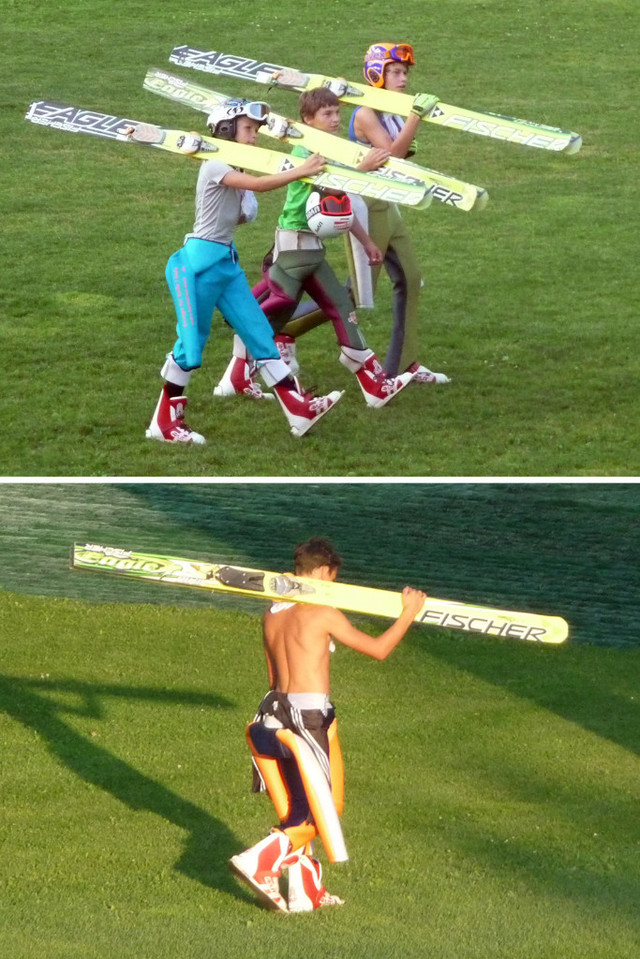 Florian Hüttl (Bild oben ganz rechts) und Denis Klarin (Bild unten) auf dem Weg zur Schanze