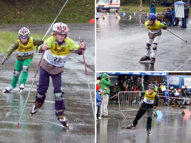 Die regennasse Rollerstrecke glänzte wie eine Eisbahn: Simon Hüttl vor Aaron Wiedemann (Bild links), Lena Burger (oben rechts) und Florian Hüttl (unten rechts)