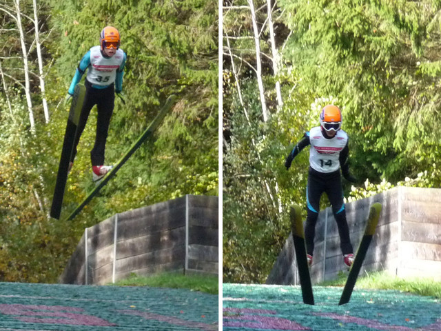 Sprungwettkampf im Langlaufanzug: Florian Hüttl (Bild links) und Elias Vuic (rechts)