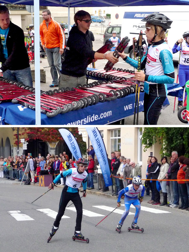 Florian Hüttl bei der Skiroller-Ausgabe (Bild oben) und im Laufduell mit dem Oberstdorfer Julian Schmid (Bild unten)