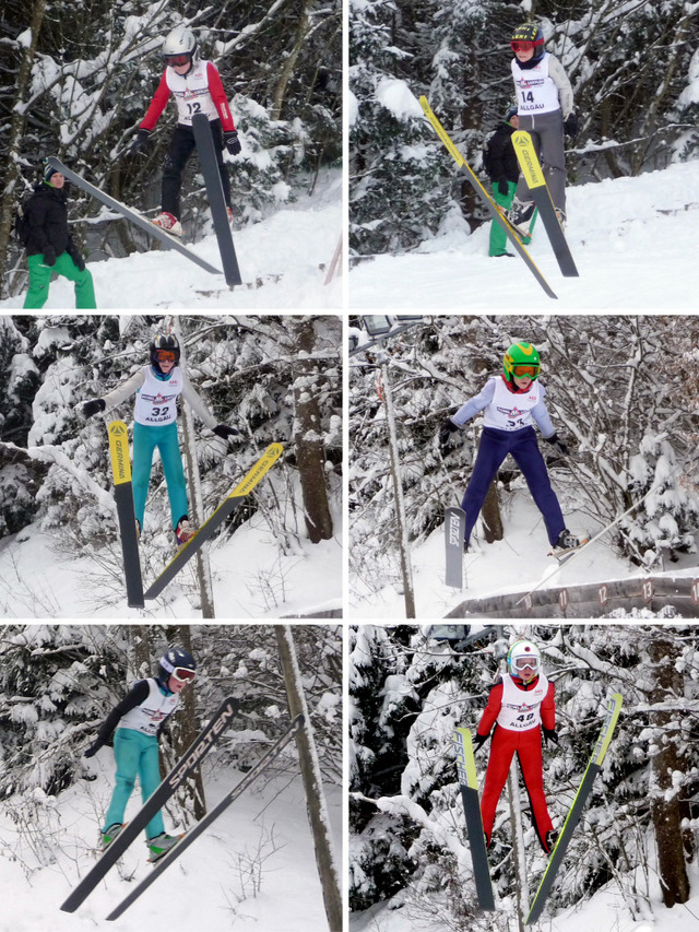 Weite Sprünge im hohen Schnee: Beat Wiedemann (Bild oben links), Lucas Mach (oben rechts), Simon Hüttl (Mitte links), Simon Mach (Mitte rechts), Aaron Wiedemann (unten links) und David Mach (unten rechts)