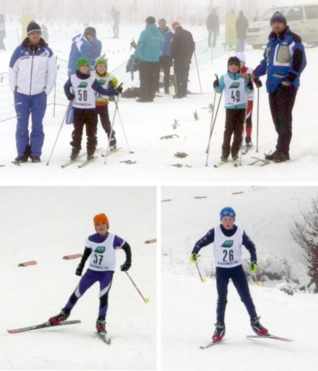 Die Kombinierer trotzten dem nasskalten Wetter: Lucas Mach (50) und Beat Wiedemann (49) am Start (Bild oben) – Simon (37) und David Mach (26) schnell in der Loipe (Bilder unten)