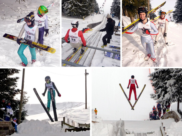 Impressionen - K35-Schanze: Simon Hüttl und Simon Mach (Bild oben links), Sebastian Laminet mit Ablaufrichter Christoph Mach (oben Mitte), Alexander Müller und Sebi (oben rechts), Aaron Wiedemann (unten links) und Alex (unten rechts)