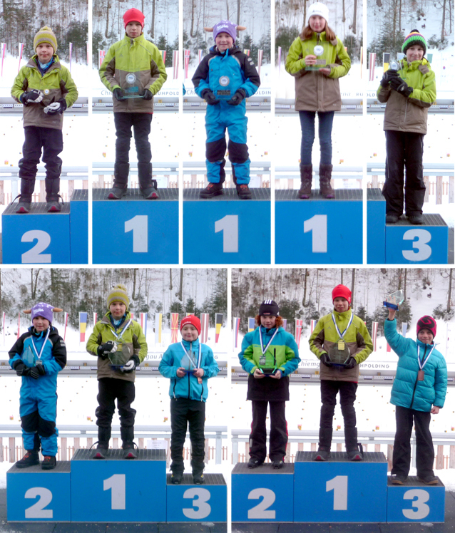 TSV-Podestplätze in Ruhpolding (Bilderreihe oben v.l.n.r.): Lucas Mach, Simon Mach, Beat Wiedemann, Sophia Maurus, Simon Hüttl – Gesamtsieger im Bayerncup (Bilder unten): Die Mach-Brüder Lucas (1. NK) und Simon (1. SP+NK)   