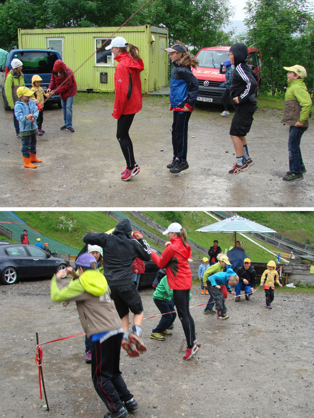 Intensives Aufwärmprogramm mit Sprungseil und Absperrungsband