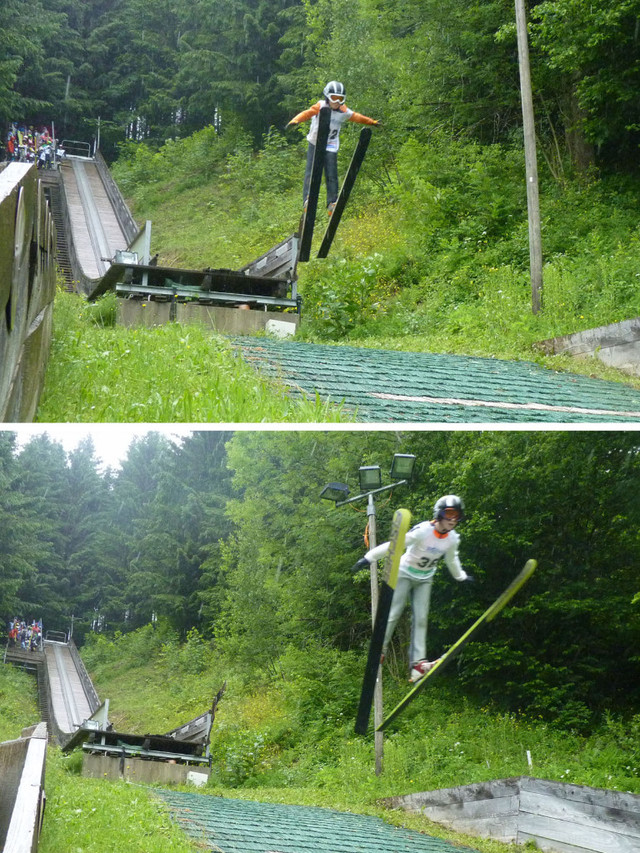 Tolle Sprünge trotz Dauerregen auf der K30-Schanze: Jakob Schupp (Bild oben) und Simon Hüttl (Bild unten)