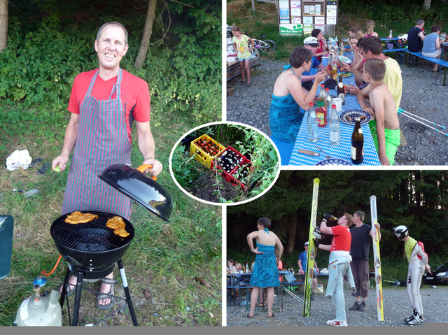 „Grillmeister“ Anton sorgte für leckeres Essen (Bild links) – Gesellige Runde im Schatten (Bild oben rechts) – Skispringen macht durstig (Bild unten rechts)  