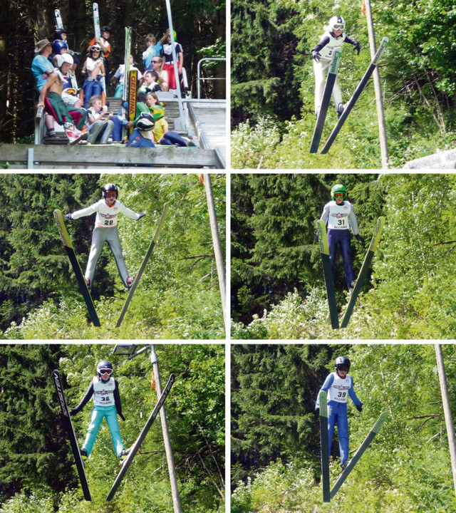 Die TSV-Adler auf der K30 warten auf ihren Sprung (Bild oben links), Sophia Maurus (oben rechts), Simon Hüttl (Mitte links), Simon Mach (Mitte rechts), Aaron Wiedemann (unten links) und Taddäus Schedel (unten rechts)  