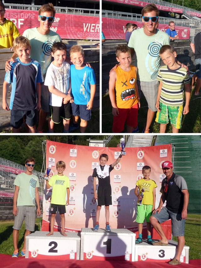 Fotosession mit Gregor Schlierenzauer (Bild links oben: Simon Hüttl, Aaron Wiedemann, Jakob Schupp – rechts oben: Beat Wiedemann, Lucas Mach) – Simon Mach (3. Platz) erhielt seinen Pokal von ÖSV-Cheftrainer Alexander Pointner (Bild unten) 