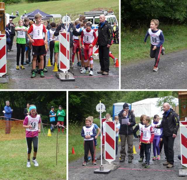 Der Crosslauf zählte zur Nordischen Kombination: Florian Hüttl (Nr.9) am Start (Bild oben links), Beat Wiedemann auf der Strecke (oben rechts), Sophia Maurus beim Durchlauf (unten links) und Beat mit Lucas Mach (unten rechts)