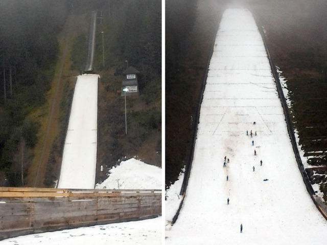 Die K40-Schanze (Bild links) in Titisee-Neustadt wurde mit dem Schnee von der großen K120-Hochfirstschanze (Bild rechts) belegt, die noch vom  Weltcup-Springen im vergangenen Dezember präpariert war