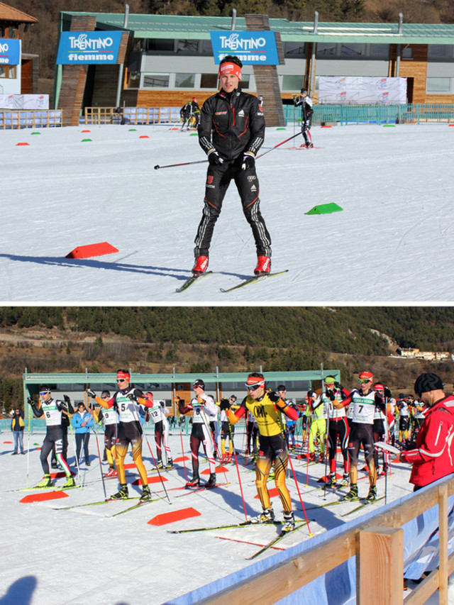 Warmlaufen vor dem Wettkampf (Bild oben) – Start zum 10-km-Rennen mit dem Führenden im gelben Trikot, dem DSV-Kombinierer Terence Weber vom SSV Geyer (Bild unten)