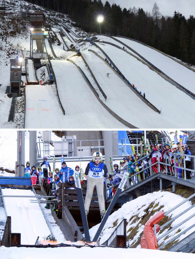 Die Bayerische Schülermeisterschaft im Teamspringen wurde unter Flutlicht ausgetragen (Bild oben) – Sophia Maurus siegte im Spezialspringen sowie in der Nordischen Kombination (Bild unten)