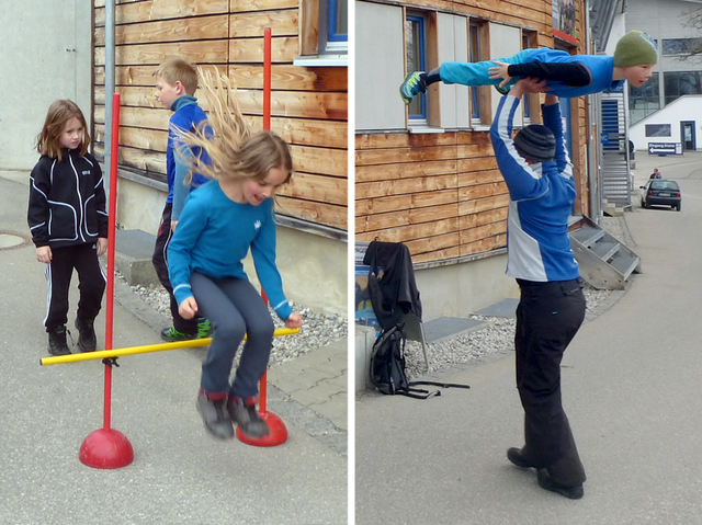 Aufwärmen vor dem Wettkampf: Anna Piekenbrock (Bild links) beim Hürdenspringen und Jakob Schupp (rechts) bei einer Sprung-Imitation mit Trainer Christian Rimmel 