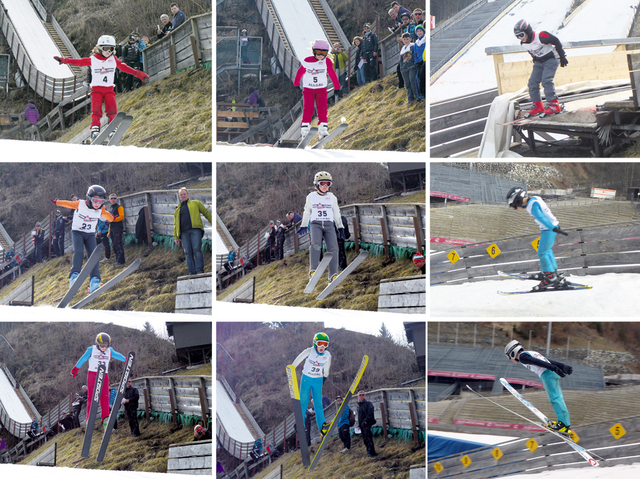 Der jüngste TSV-Nachwuchs auf der K19-Schanze - obere Bilderreihe (von links nach rechts): Julika Eichbauer, Anna Piekenbrock, Lukas Wersig  - mittlere Bilderreihe: Jakob Marcher, Felizian Schön, Ansgar Schupp -  untere Bilderreihe:  Ludwig Burger, Lucas Mach und Beat Wiedemann 