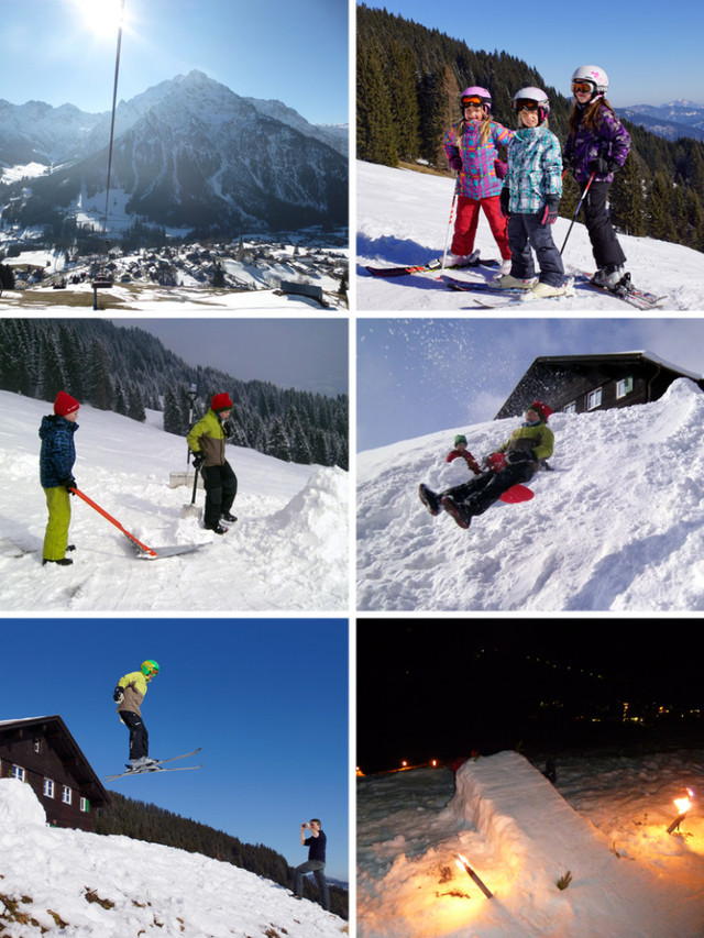 Hüttenimpressionen „outdoor“: Blick ins Kleinwalsertal (Bild oben links), Skifahren (oben rechts), Anlaufturm bauen (Mitte links), Tellerschanze (Mitte rechts), Sprungschanze – darf natürlich nicht fehlen (unten links) und abendliches Fackel-Skispringen (unten rechts) 