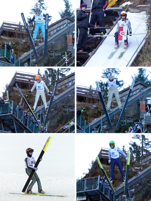 Die TSV-Adler auf der K30-Schanze: Jakob Schupp (Bild oben links), Lena Burger (oben rechts), Aaron Wiedemann (Mitte links), Sophia Maurus (Mitte rechts), Simon Hüttl mit „Ski-Gitarre“ (unten links) und Simon Mach (unten rechts)