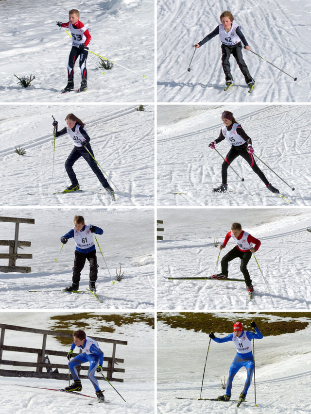 Kämpften sich im Kombi-Lauf durch die „sulzige“ Loipe: Jakob Schupp  und Beat Wiedemann (erste Bilderreihe von links), Sophia Maurus und Lena Burger (2. Bilderreihe), Lucas und Simon Mach (3. Bilderreihe), David Mach und Florian Hüttl (4. Bilderreihe)   