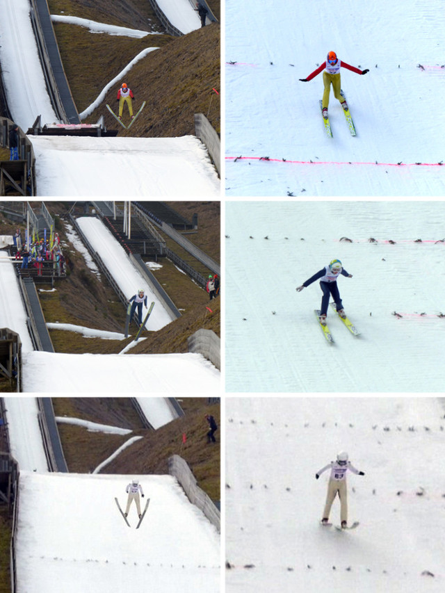 Impressionen vom Sprung und der Landung: Florian Hüttl (Bilder oben), David Mach (Bilder Mitte) und Elias Vuic (Bilder unten)