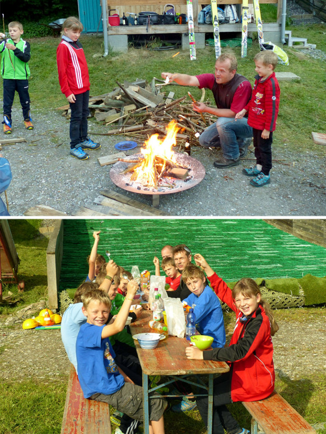 Am Lagerfeuer gab es leckere „Marshmellows“ (Bild oben) – Das Müsli-Frühstück an der Schanze fanden alle toll (Bild unten)