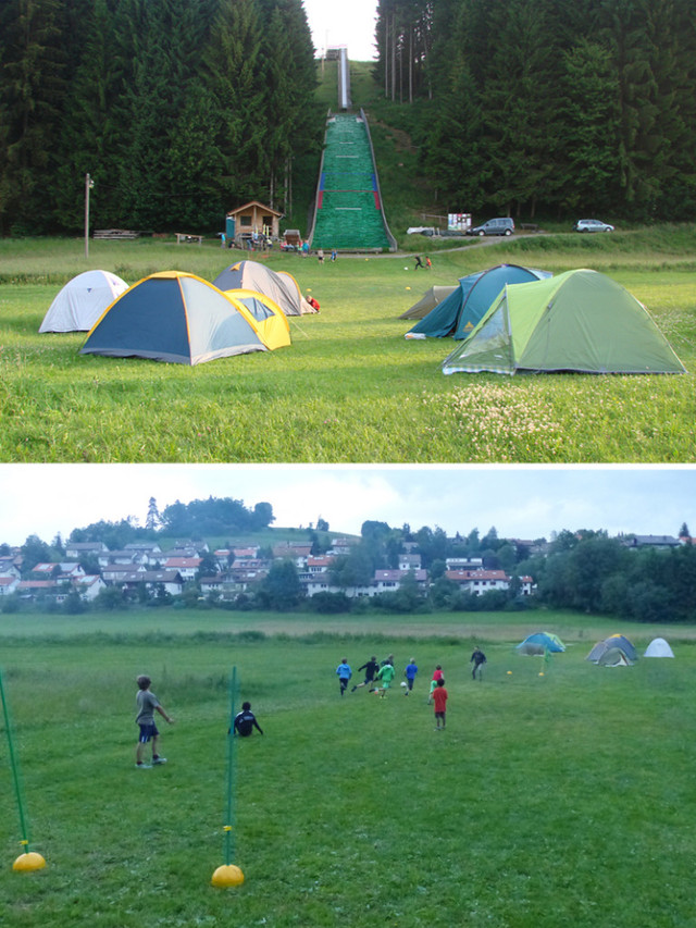 Das Zeltcamp im Auslauf der K35-Schanze (Bild oben) – Nicht nur in Brasilien wurde Fußball gespielt (Bild unten)