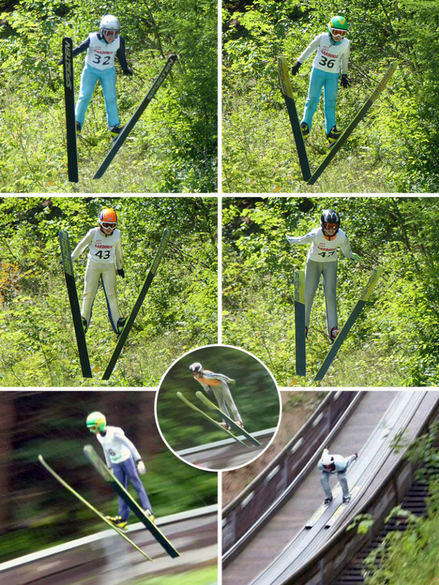 Buchenberger Flugshow von der K30-Schanze: Beat Wiedemann (Bild oben links), Lucas Mach (oben rechts), Aaron Wiedemann (Mitte links), Simon Hüttl (Mitte rechts) – von der K60-Schanze: Simon Mach (unten links), Simon Hüttl (unten Mitte) und Sebastian Laminet in der Anlaufspur (unten rechts)