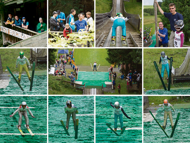 Impressionen vom Eröffnungsspringen - obere Bilderreihe von links nach rechts: die Sprungrichter Franz Keller, Klaus Kühn, Michael Nigst mit Sprecher „Tschore“ Singer – Trainer Steffen Wiedemann winkte die TSV-Springer ab – Lucas Mach in der Anlaufspur – die Ablaufrichter Peter Schupp und Christoph Mach (auch als Fotograf im Einsatz); mittlere Bilderreihe: Simon Mach, Aaron Wiedemann und Jakob Schupp: untere Bilderreihe: Lena Burger, Simon Hüttl, Beat und Aaron Wiedemann 