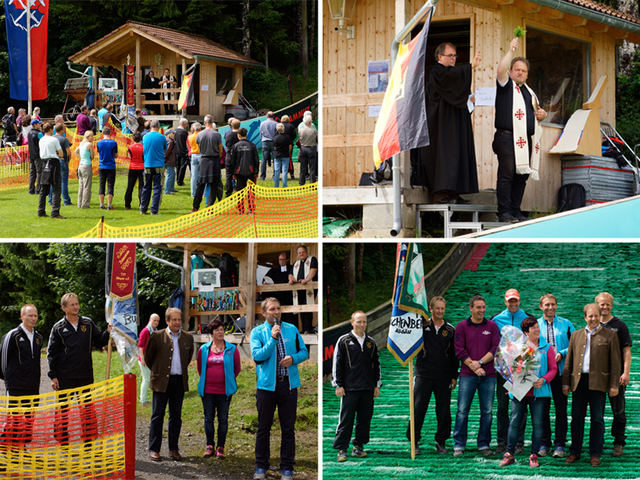 Einweihung der neuen Mattenschanze mit einer ökumenischen Segnungsfeier mit dem evang. Pfarrer Werner Vogl und dem kath. Pfarrer Andreas Demel (Bilder oben) – Ansprache von TSV-Vorstand Thomas Bernhard (Bild unten links) – Gruppenbild vor der neuen Schanze, von links nach rechts: TSV-Fahnenträger Michael Wanninger und Manfred Huber, ASV-Vorsitzender Dr. Peter Bösl, Bundestrainer Werner Schuster, Abteilungsleiterin Conny Klarin, TSV-Vorstand Thomas Bernhard, Erster Bürgermeister Toni Barth, Trainer Christian Rimmel (Bild unten rechts)