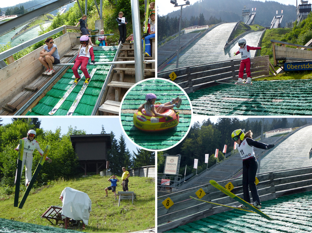 Heiße Sprünge bei über 30 Grad Celsius: Anna Piekenbrock im Anlauf (Bild links oben), Julika Eichbauer (oben rechts), Lena Burger (unten links) und Sylvia Färber (unten rechts) – Anna beim Tubing (Bild Mitte)