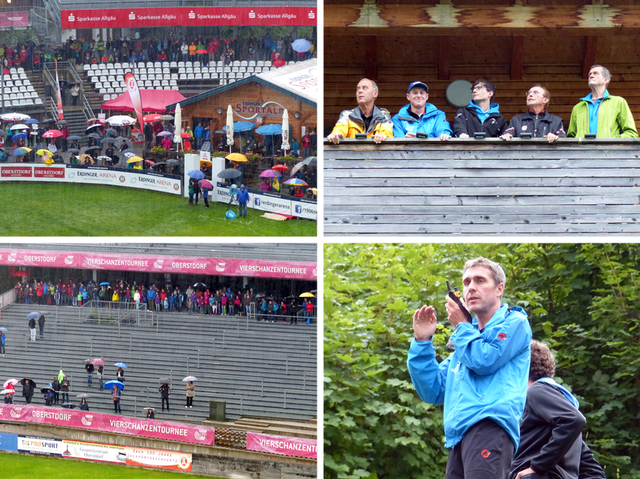 Knapp 1000 Zuschauer trotzten dem Regen (Bilder links) – Michael Nigst (Zweiter von links) und Hans Rist (rechts) als Sprungrichter im Einsatz (Bild oben rechts) – Trainer Steffen Wiedemann korrigierte die Springer über Funk (Bild unten rechts)