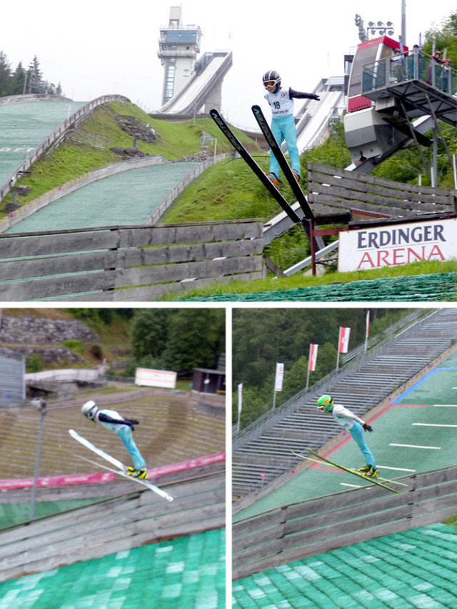 Sprungwettkampf auf der K30-Schanze noch bei leichtem Nieselregen: Jakob Schupp (Bild oben), Beat Wiedemann (unten links) und Lucas Mach (unten rechts)