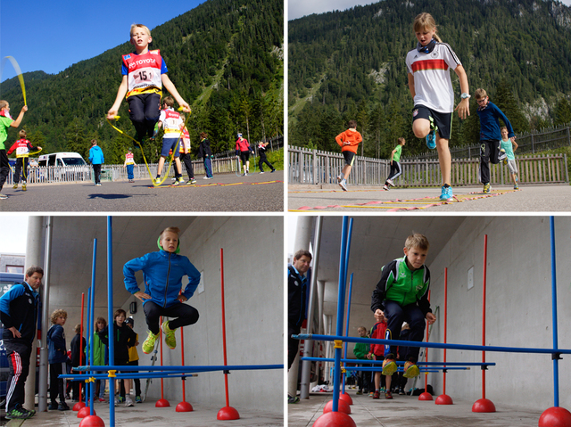 Effektives Aufwärmprogramm: Jakob Marcher beim Seilspringen (Bild oben links) - Sylvia Färber beim Koordinationstraining (oben rechts) - Simon Mach (unten links) und Jakob Wersig (unten rechts) beim Hürdenspringen 