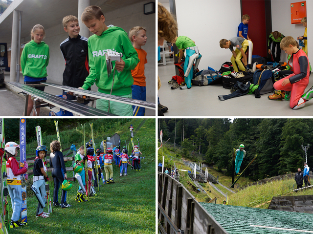 Intensives Sprungtraining: Vorbereitung mit Skiwachsen (oben links) – Anlegen der Sprungausrüstung (oben rechts) – Anstehen am Lift (unten links) – Lucas Mach auf der K40-Schanze (unten rechts)