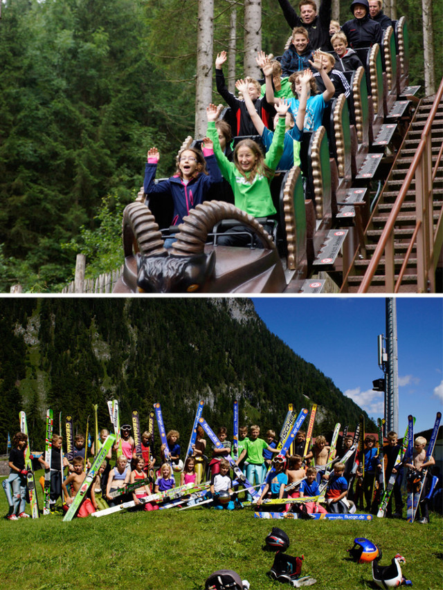 Viel Spaß im Freizeitpark: „Hände hoch“ in der Achterbahn (Bild oben) – Gruppenbild mit den Nachwuchs-Kombinierern (unten) 