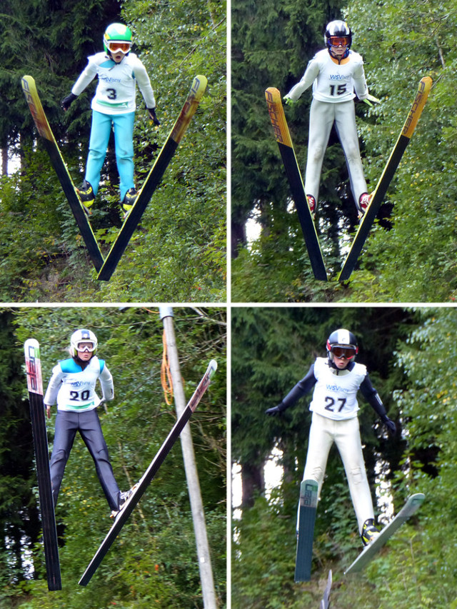 Die TSV-Adler auf der K30-Schanze: Lucas Mach (Bild oben links), Simon Hüttl (oben rechts), Sophia Maurus (unten links) und Pirmin Maurus (unten rechts)