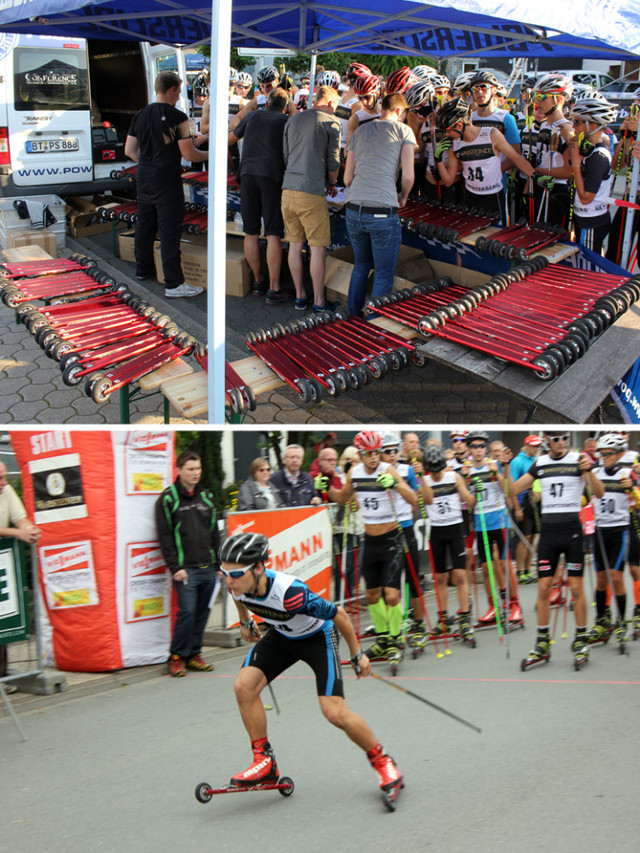 Ausgabe der Skiroller (Bild oben) – Denis startet in das 5-km-Sprint-Rennen (unten)