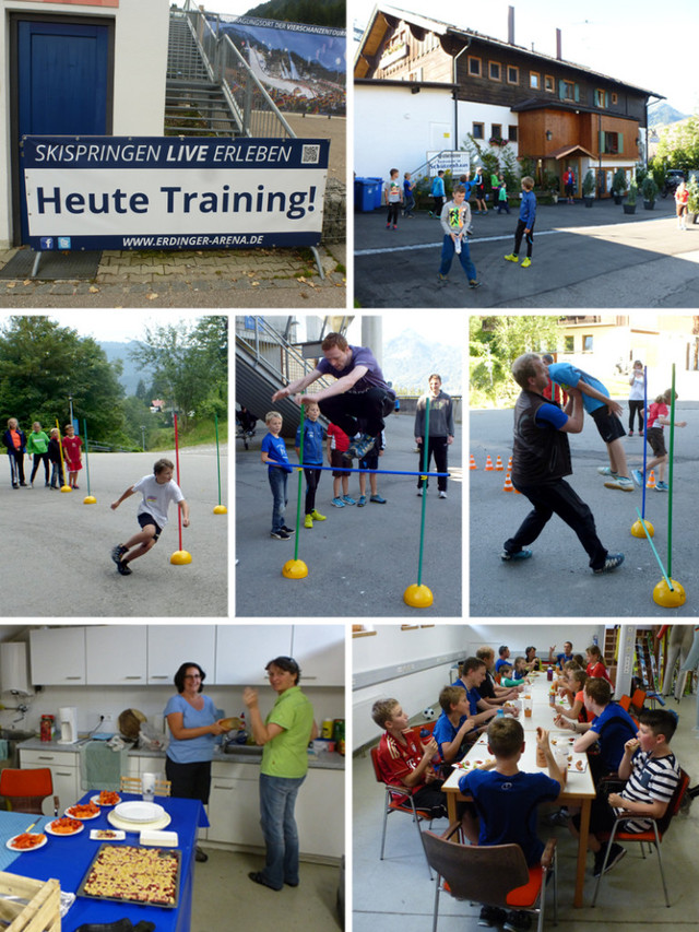 Trainingsankündigung vor der Erdinger Arena (Bild oben links) - Übernachtung im Schützenhaus (Bild oben rechts) – Intensives Aufwärmtraining (Mittlere Bilderreihe) – Mittags- und Pausenverpflegung im großen Umkleideraum (Bilderreihe unten)   