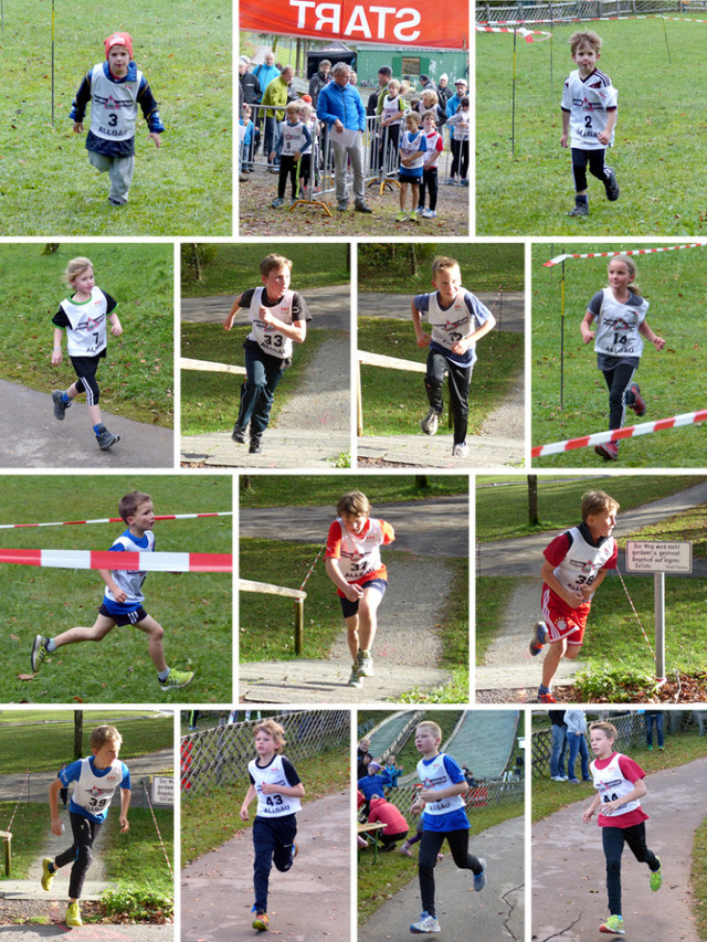 TSV-Starter schnell im Crosslauf – obere Bilderreihe von links nach rechts: Tobias Wersig , Ansgar Schupp (rechts) am Start,  Lucas Eichbauer – 2. Bilderreihe: Julika Eichbauer, Beat Wiedemann, Lucas Mach, Anna Piekenbrock – 3. Bilderreihe: Ansgar Schupp, Ludwig Burger, Paul Rist – 4. Bilderreihe: Michael Horelt, Lukas Wersig, Jakob Schupp und Simon Mach 