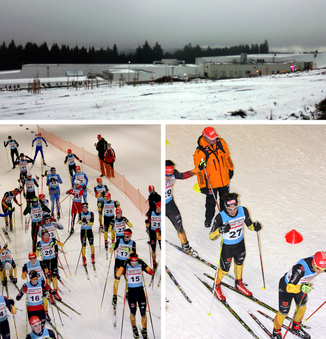 In der Oberhofer Skihalle (Bild oben) fanden die Laufwettbewerbe statt – Aufstellung vor dem Kombinationslanglauf (Bild unten links) – Denis Klarin (Startnummer 27) kurz vor dem Start (Bild unten rechts)