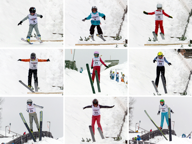 Die TSV-Adler(innen) auf der K20-Schanze: Lucas Eichbauer, Tobias Wersig, Julika Eichbauer (obere Bilderreihe von links nach rechts) – Ansgar Schupp, Anna Piekenbrock, Sylvia Färber (mittlere Bilderreihe) – Beat Wiedemann, Lukas Wersig, Lucas Mach (untere Bilderreihe)